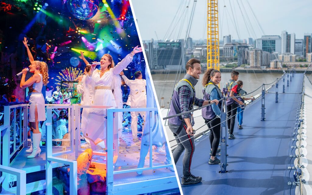 ABBA Voyage London show with performers and confetti, contrasted with group walking on O2 for London entertainment.